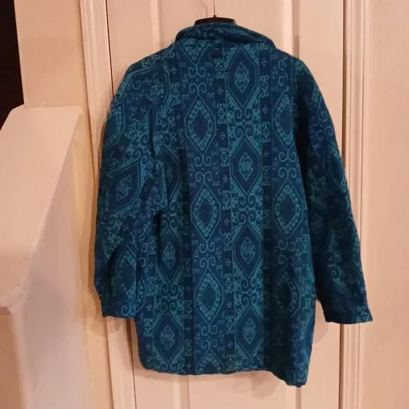 Vintage Teal Jaccard Weave Boho Hippie Tapestry Jacket Made in Turkey